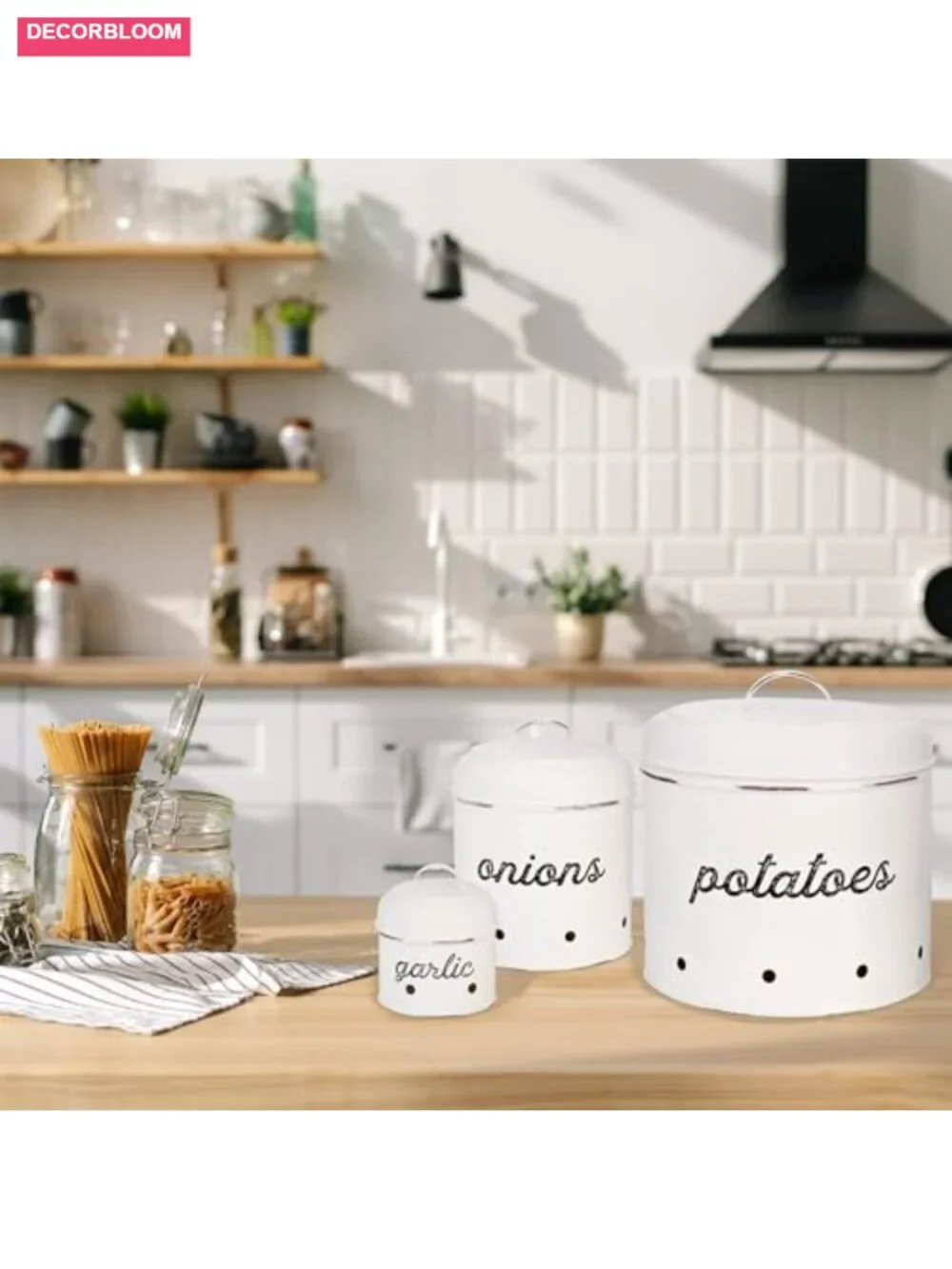 Rustic White Enamelware Potato Onion Garlic Canister Set of 3